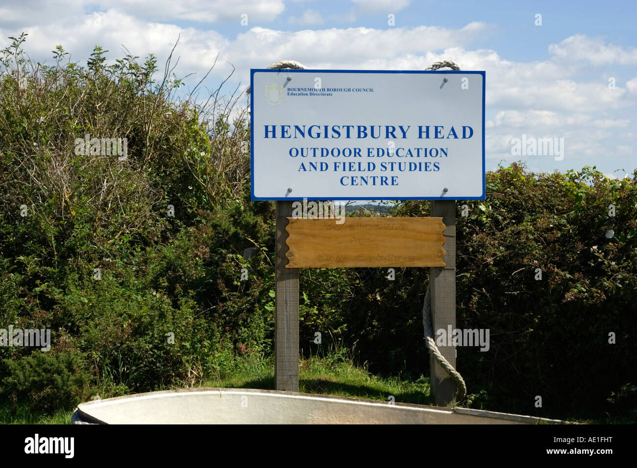 Segno in testa Hengistbury campo Centro Studi, Christchurch Harbour/Porto, Dorset, Regno Unito Foto Stock