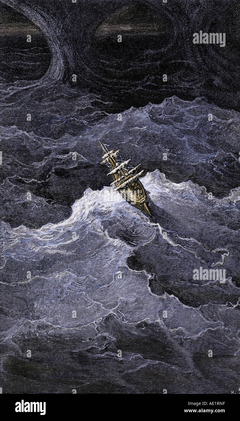 Scena da La Ballata del Vecchio Marinaio di Samuel Taylor Coleridge. Colorate a mano la xilografia di Gustave Dore illustrazione Foto Stock