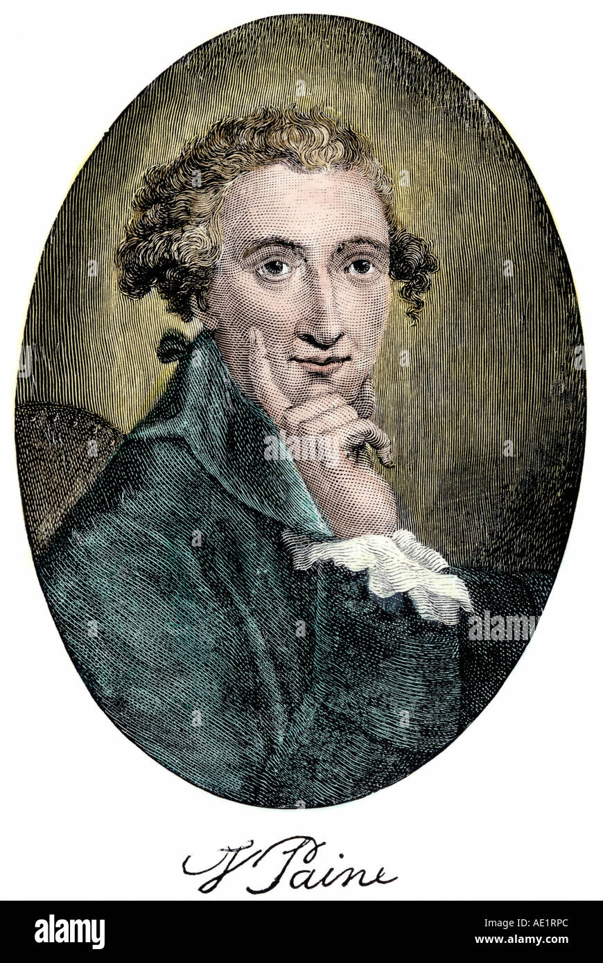 Thomas Paine autore del senso comune con il suo autografo. Colorate a mano la xilografia Foto Stock