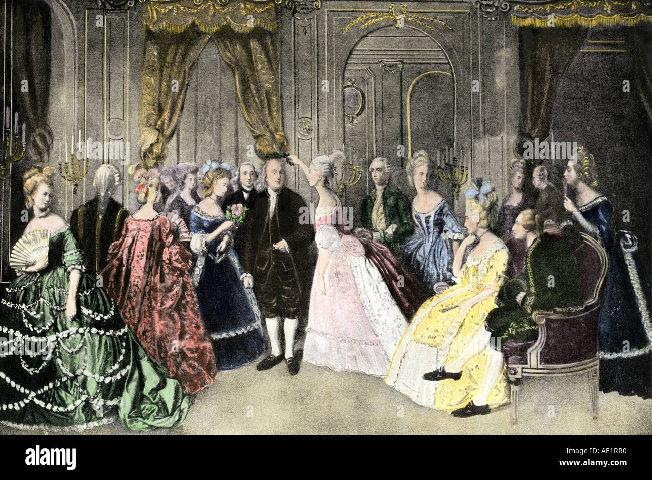 Benjamin Franklin che rappresentano la causa americana presso la corte reale di re francese Louis XVI. Colorate a mano di mezzitoni una illustrazione Foto Stock
