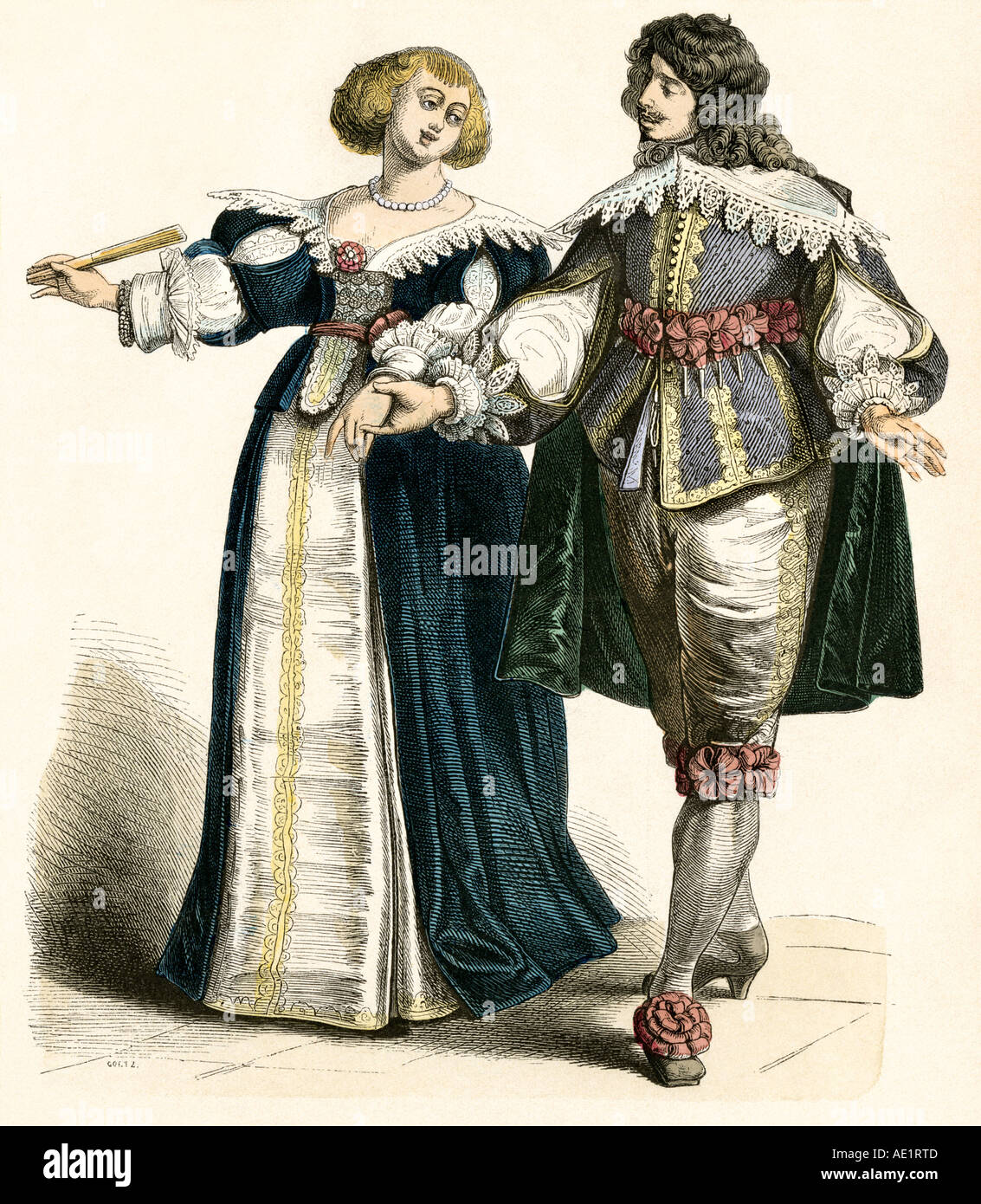 Moda giovane europeo del 1600s. Colorate a mano la stampa Foto Stock