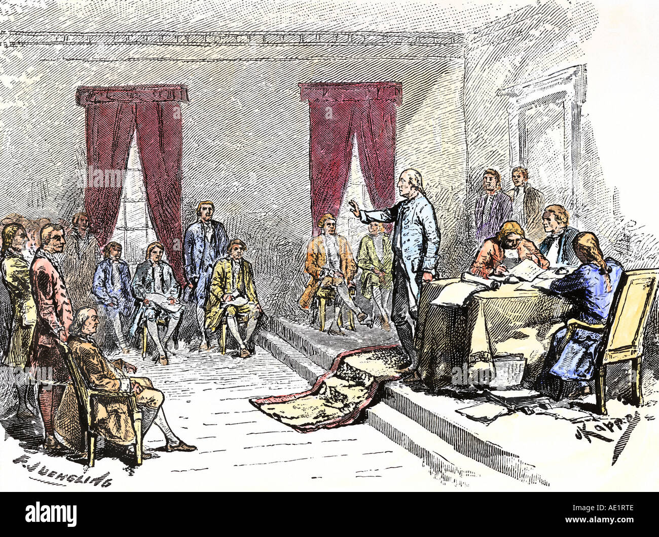 Convenzione costituzionale discutendo la forma di un nuovo governo statunitense a Filadelfia nel 1787. Colorate a mano la xilografia Foto Stock