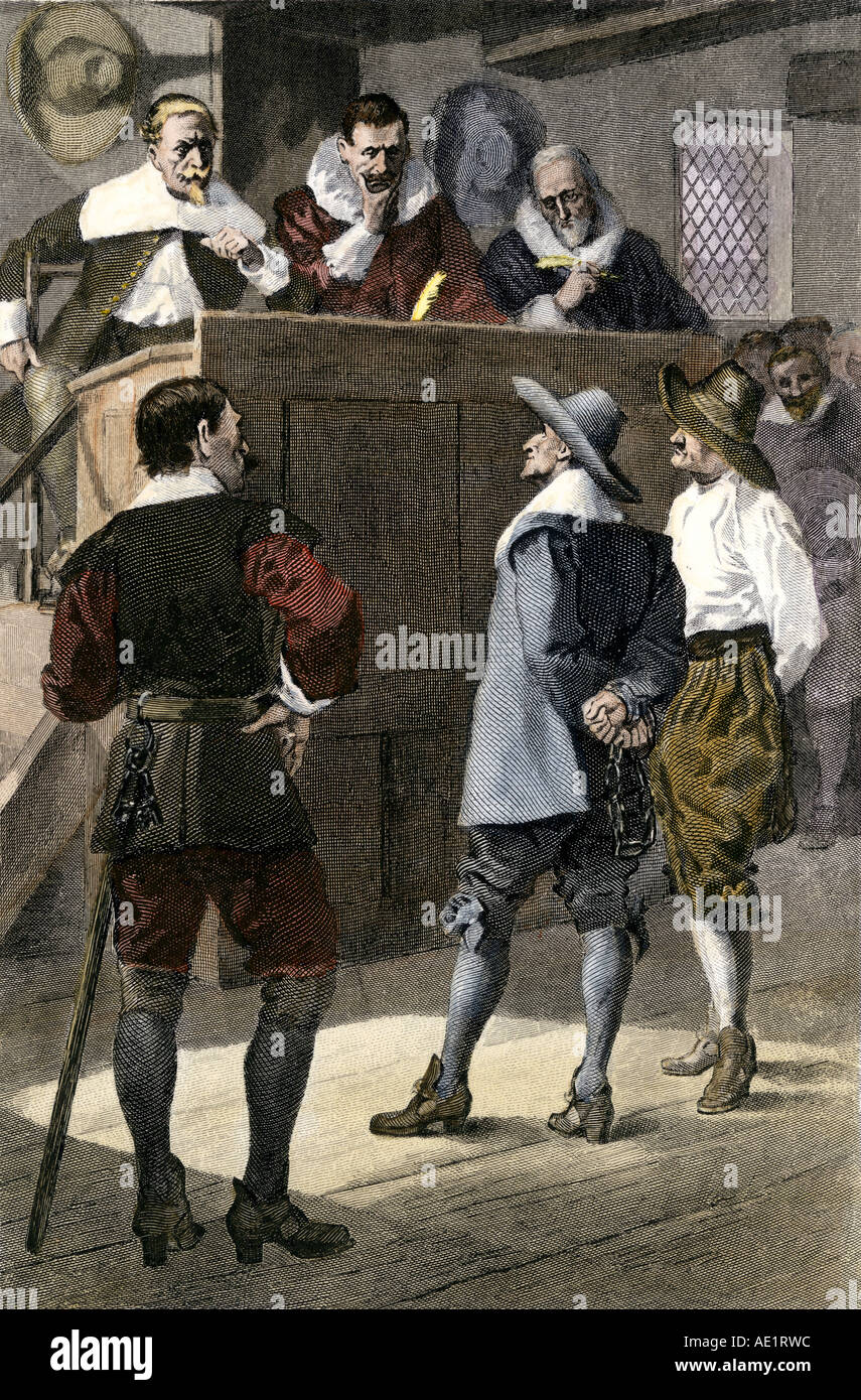 Quaker in prova in Inghilterra. Colorate a mano l'incisione Foto Stock