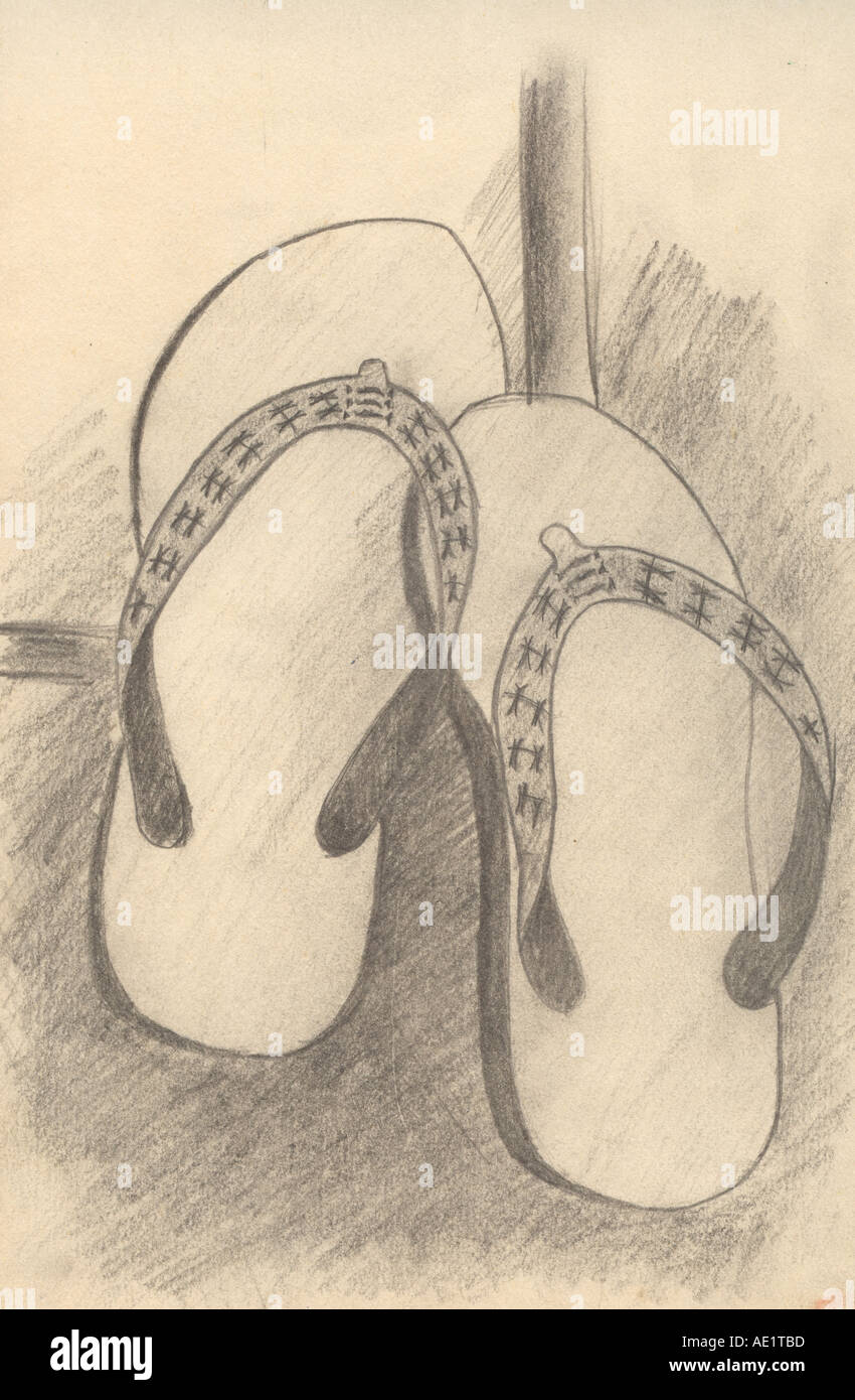 ARS71040 Pittura illustrazione in bianco e nero monocromatico schizzo di chappals pantofole India Foto Stock