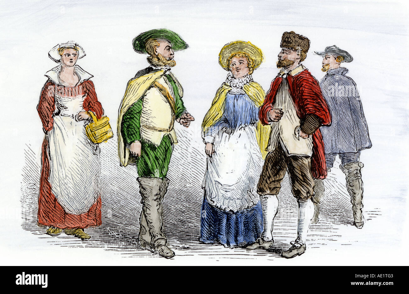 Abbigliamento di coloni nella Nuova Svezia 1600s. Colorate a mano la xilografia Foto Stock