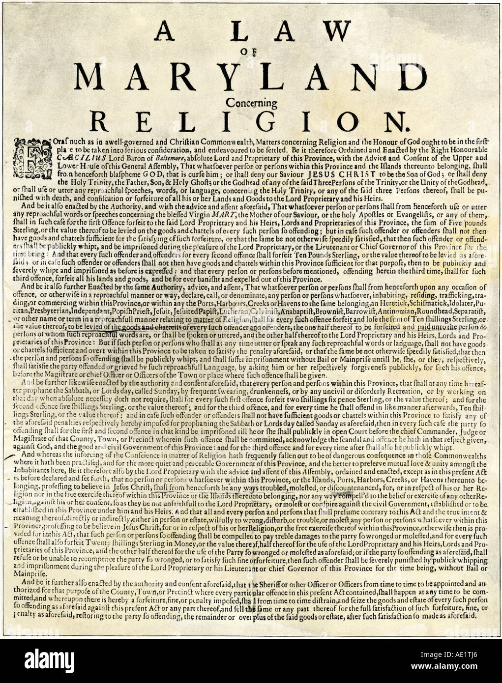 La tolleranza religiosa atto di colonial Maryland 1649. Xilografia con un lavaggio ad acquerello Foto Stock