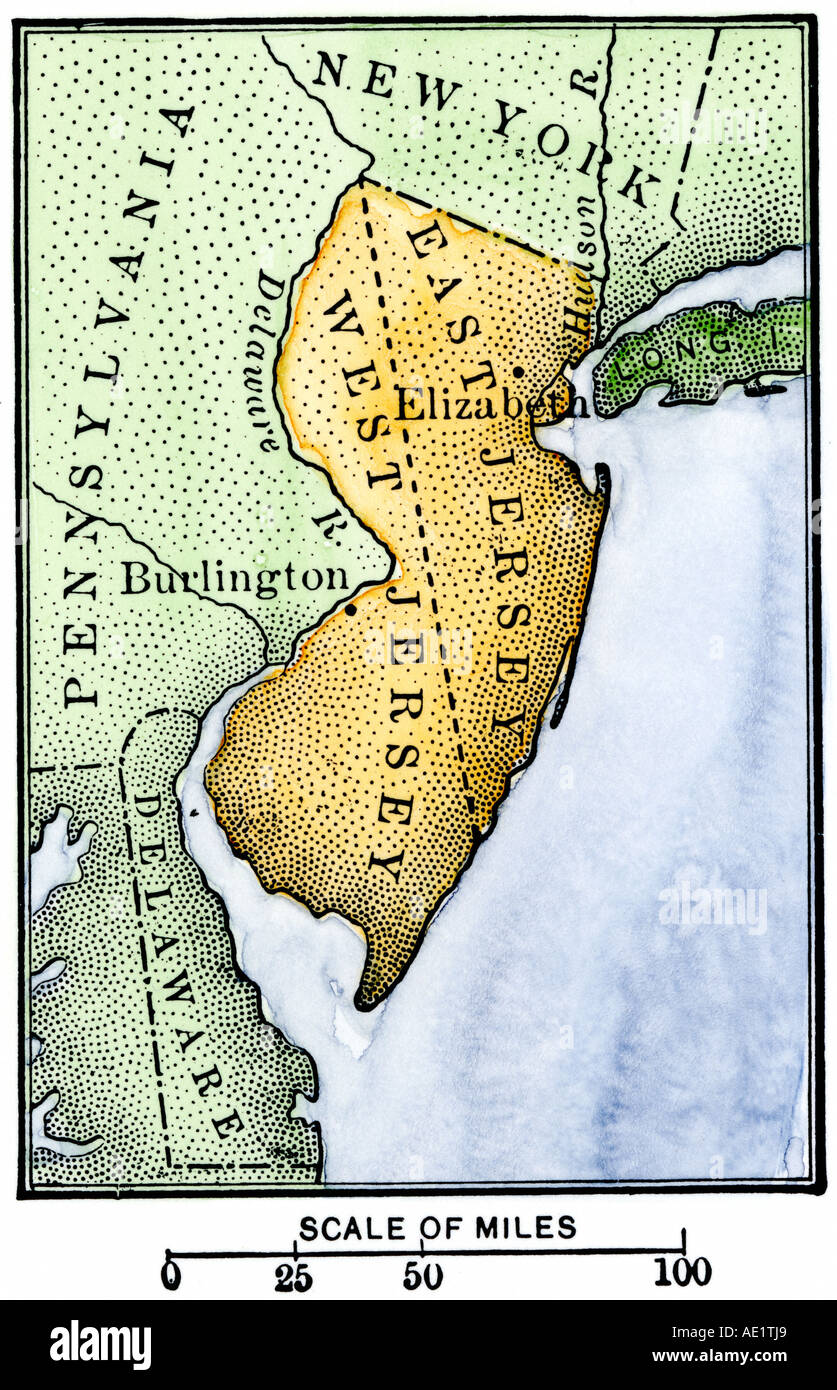 Mappa del periodo coloniale in Oriente e Occidente Jersey. Colorate a mano la xilografia Foto Stock