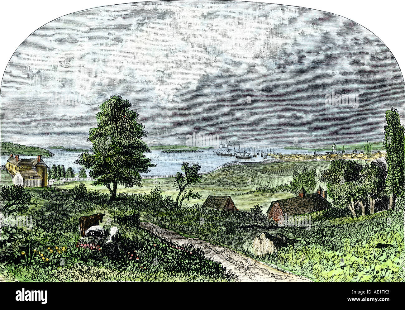 La città di New York nel tardo Settecento visto dalla parte superiore sull'isola di Manhattan. Colorate a mano la xilografia Foto Stock