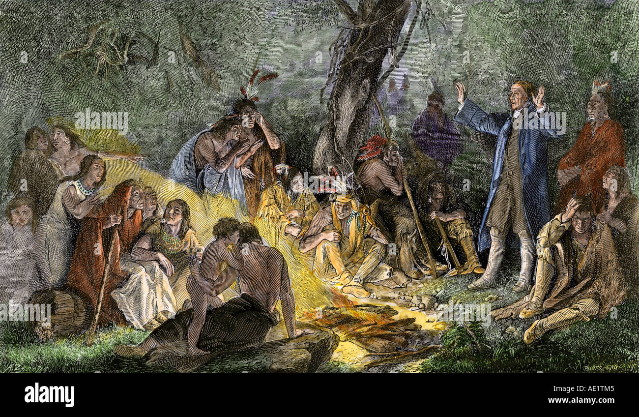 Moravian David missionaria Zeisberger predicazione agli indiani nel selvaggio della Pennsylvania. Colorate a mano la xilografia Foto Stock