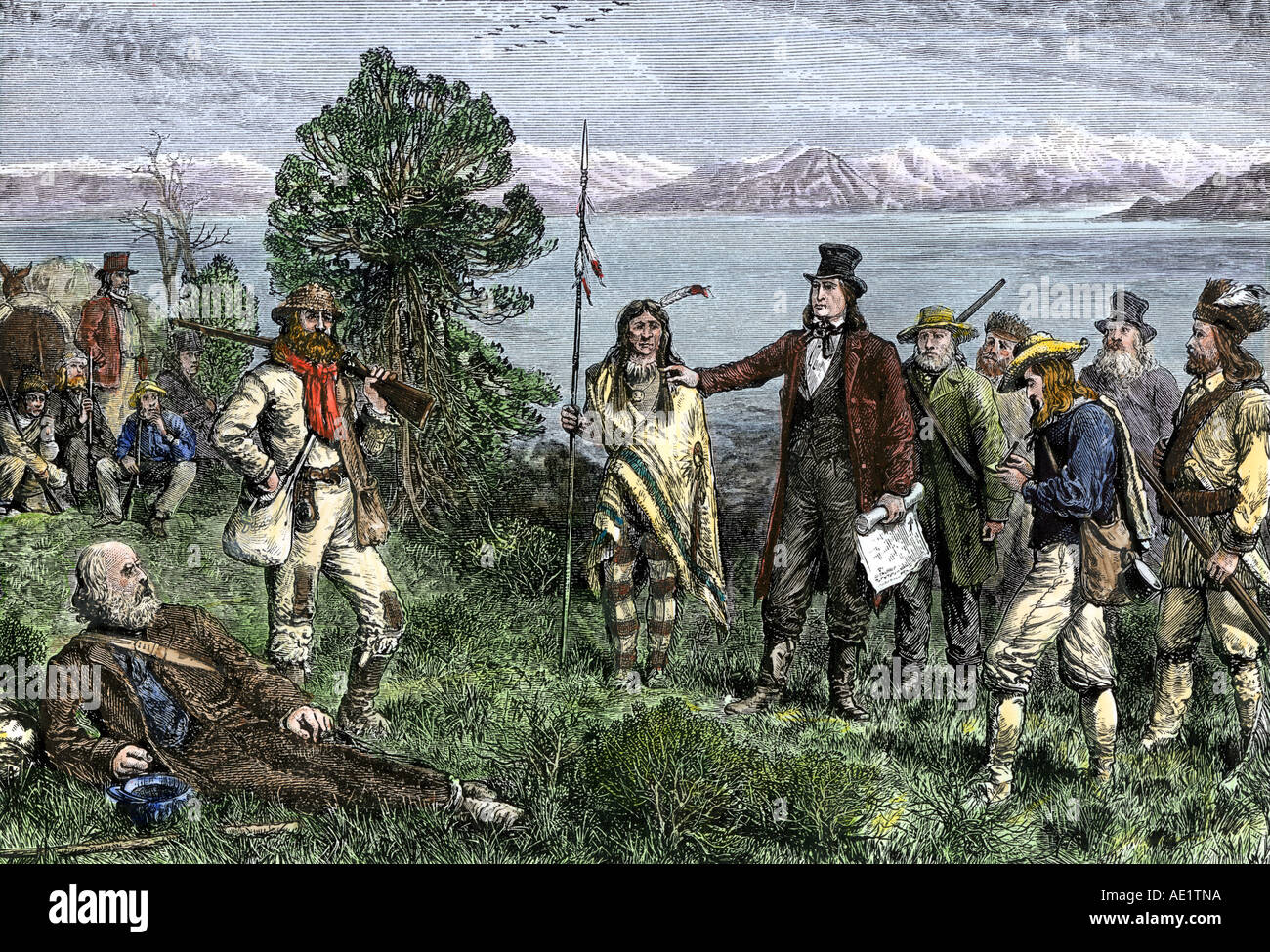 La Brigham Young presso il Grande Lago Salato dove fondò un mormone city in Utah 1840s. Colorate a mano la xilografia Foto Stock