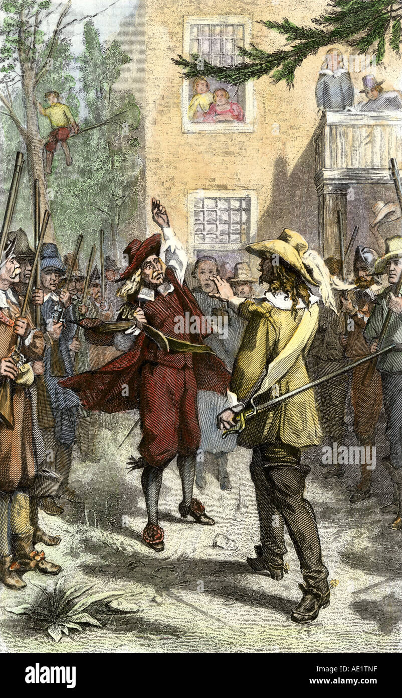 Il leader ribelle Nathaniel Bacon affrontare Royal governatore Sir William Berkeley in Virginia Colony 1676. Colorate a mano la xilografia Foto Stock