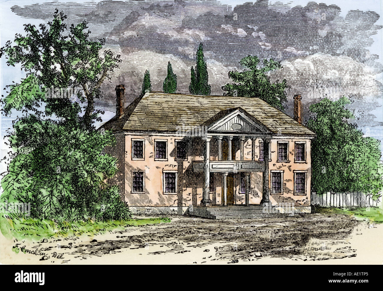 Il vecchio campidoglio coloniale a Williamsburg Virginia, successivamente distrutto da un incendio. Colorate a mano la xilografia Foto Stock