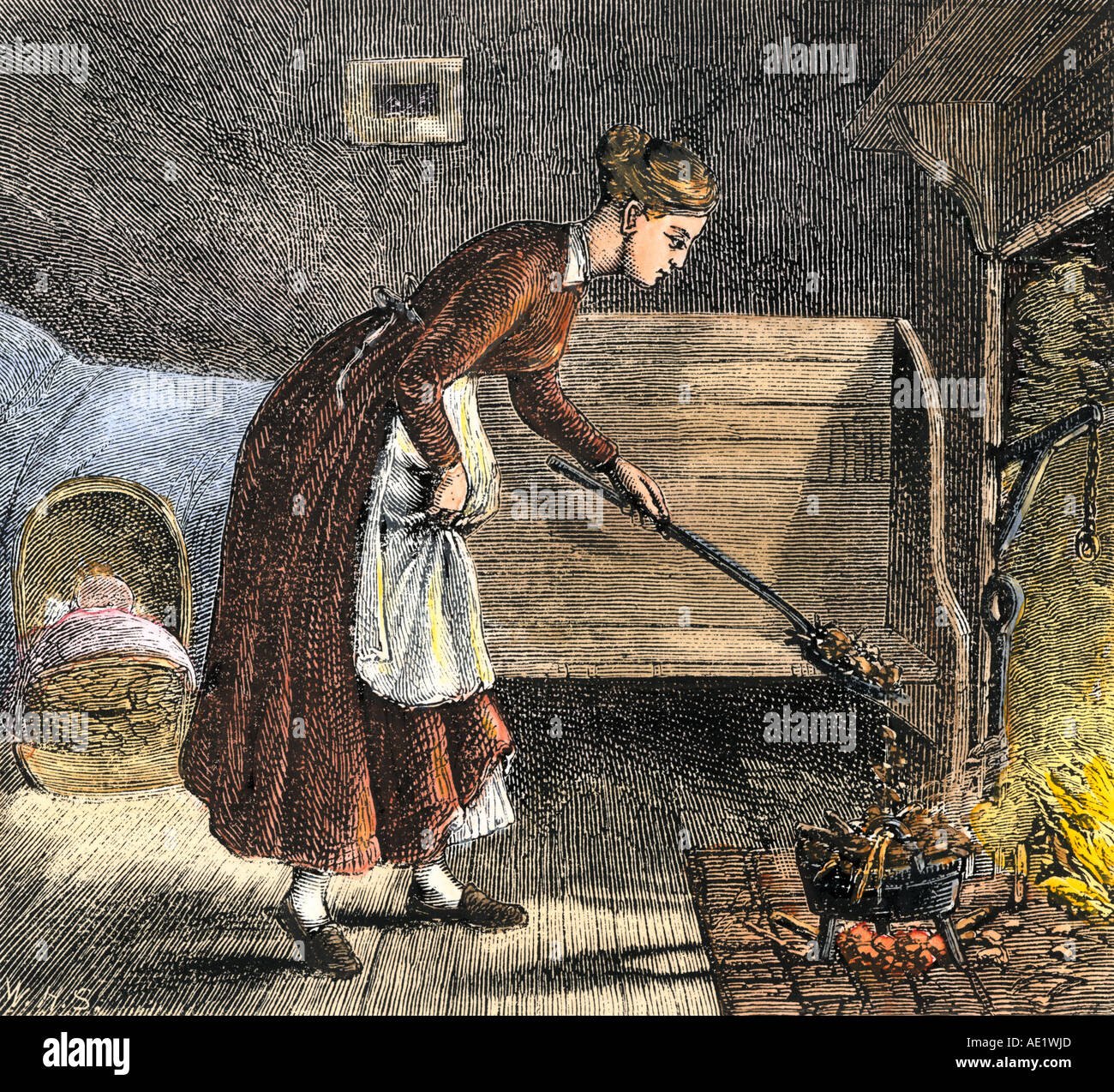 Pioneer madre la cottura con un cuocere-kettle nel camino. Colorate a mano la xilografia Foto Stock