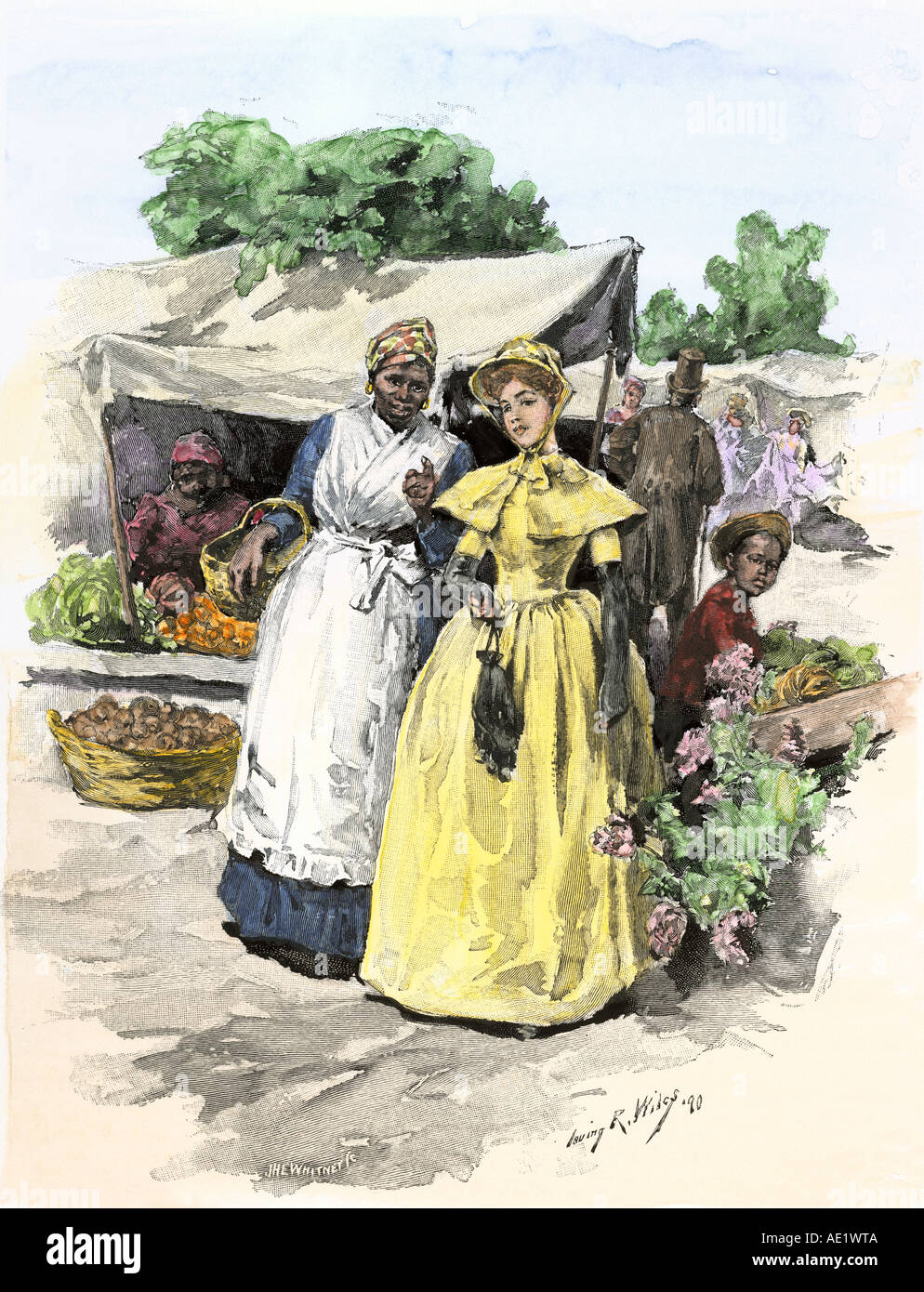La donna e la sua schiava afro-americano di shopping in un mercato aperto, nel profondo sud 1800s. Colorate a mano la xilografia Foto Stock