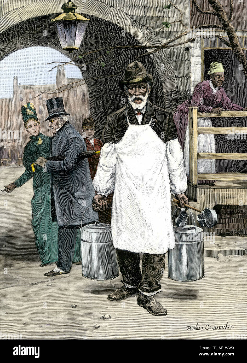 Afro-americano di oyster peddler un ex schiavo in Baltimore, Maryland 1880. Colorate a mano la xilografia Foto Stock
