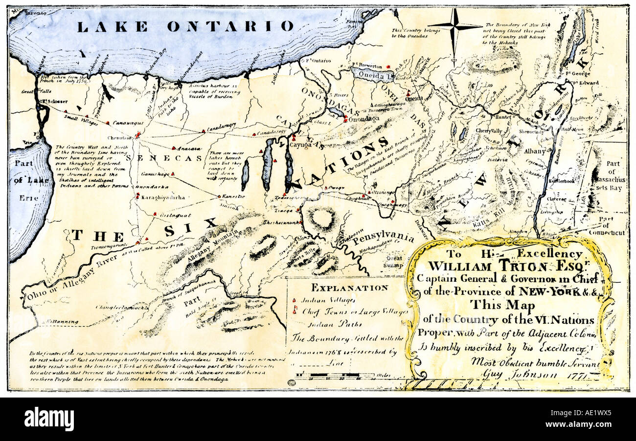 Mappa del Sei Nazioni Iroquois in Pennsylvania e New York 1771. Colorate a mano la xilografia Foto Stock