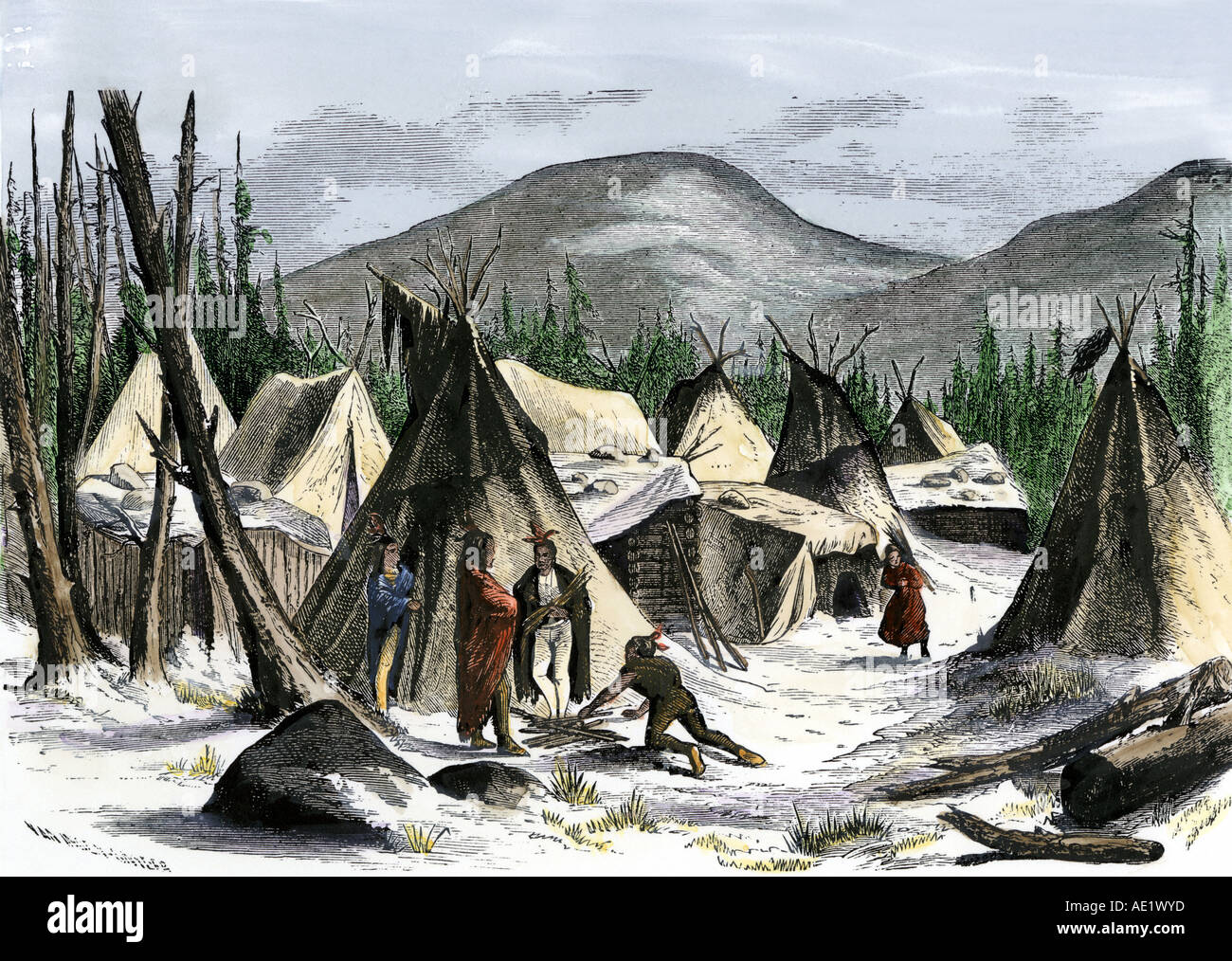 Villaggio di nativi americani di logge in inverno sulle colline. Colorate a mano la xilografia Foto Stock