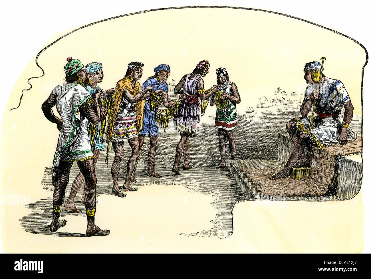 Incans imparando a utilizzare quipu in una scuola. Colorate a mano la xilografia Foto Stock