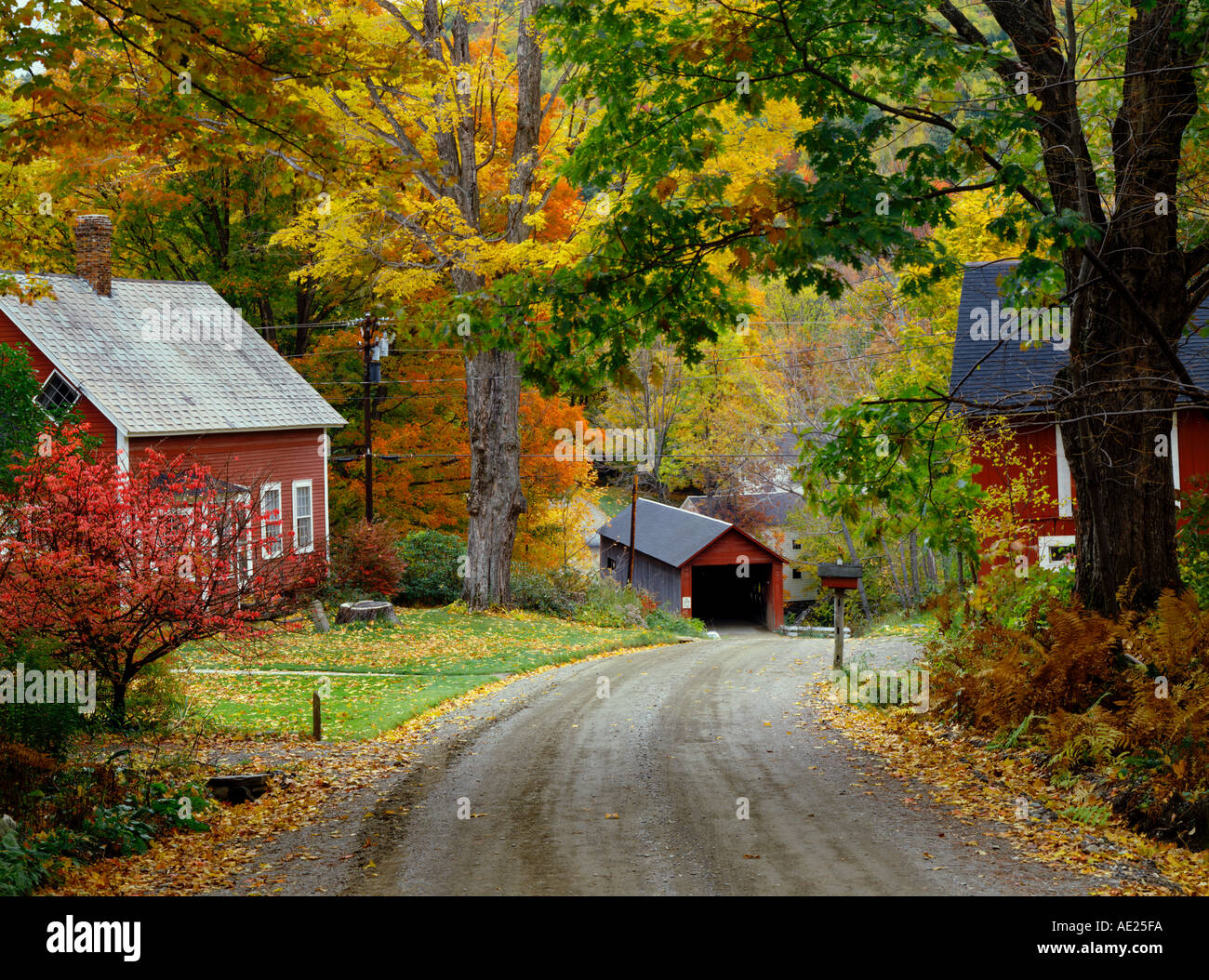 Villaggio in Vermont USA con ponte coperto e caduta delle foglie Foto Stock