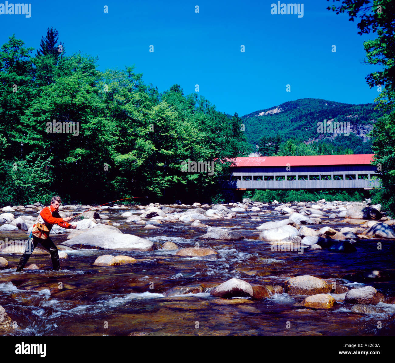 Pescatore in Swift River vicino a North Conway New Hampshire USA Foto Stock