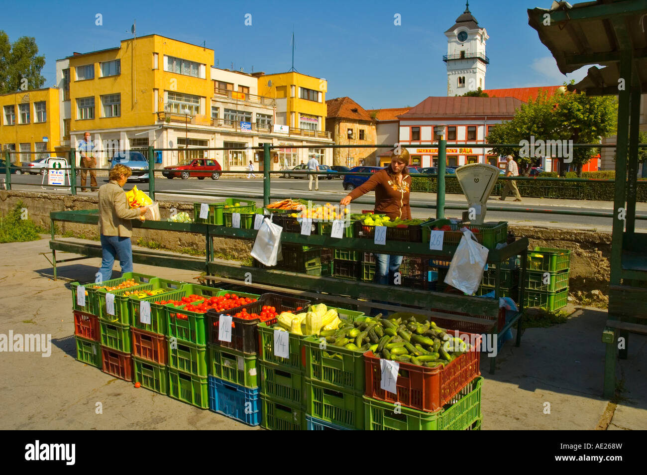 Stallo del mercato nella città di Spisske Podhradie in Slovacchia orientale UE Foto Stock