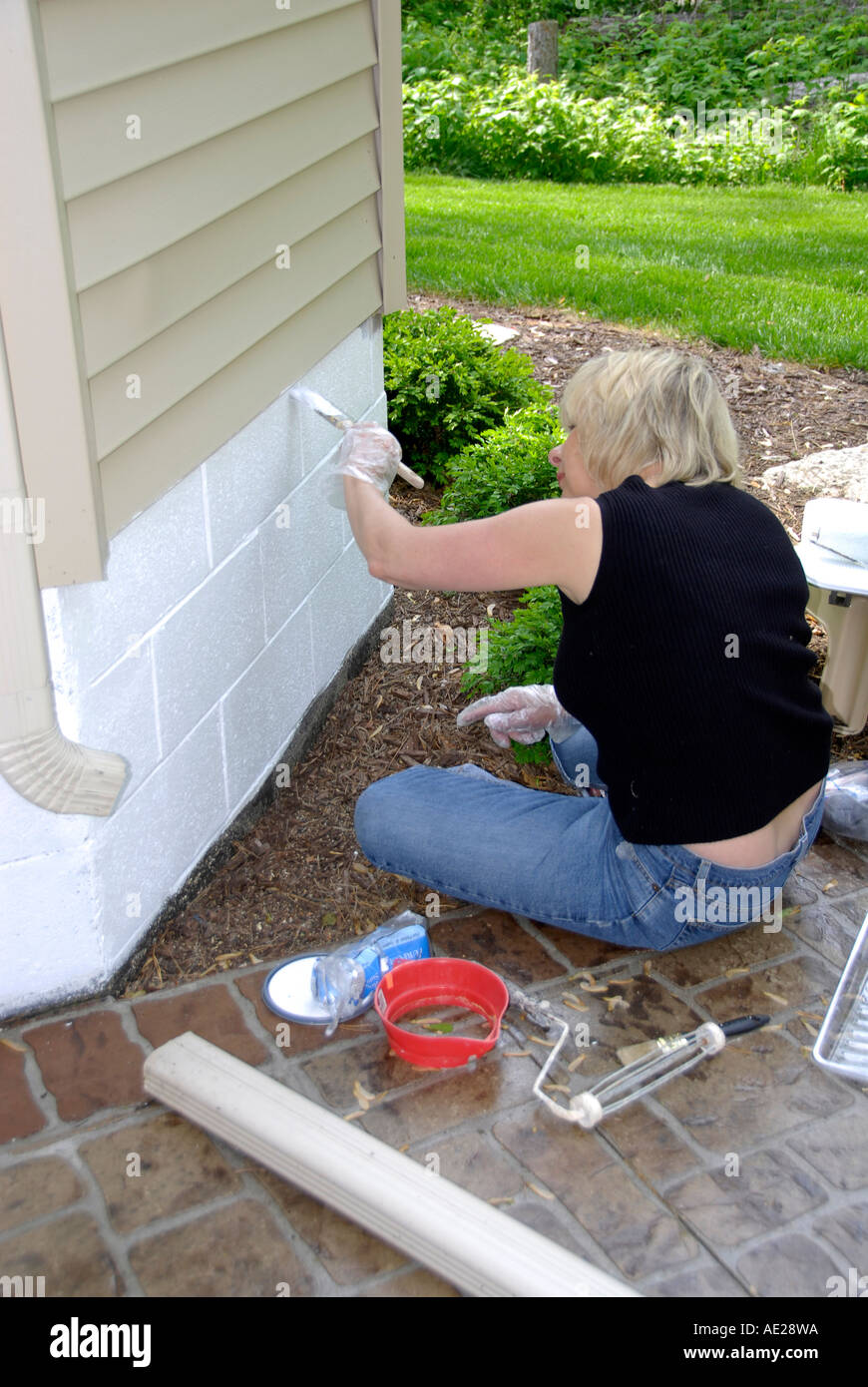 Vernici femmina mattone fondazione della casa per creare barriera umidità e per migliorare l'aspetto di casa Foto Stock