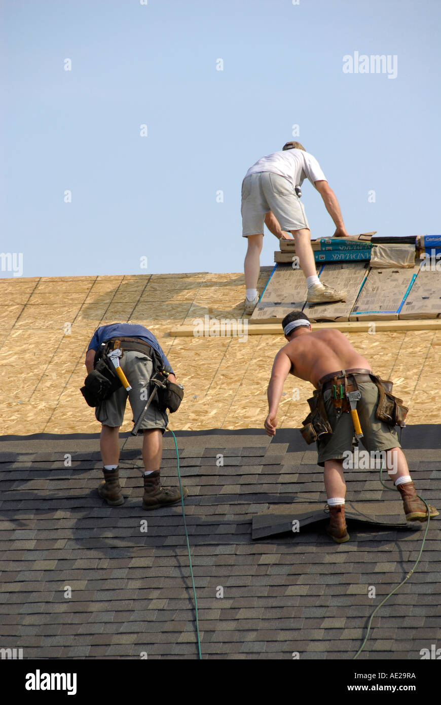 Home equipaggio di costruzione aggiunge scandole di rivestimento tetti al tetto di una casa nuova Foto Stock