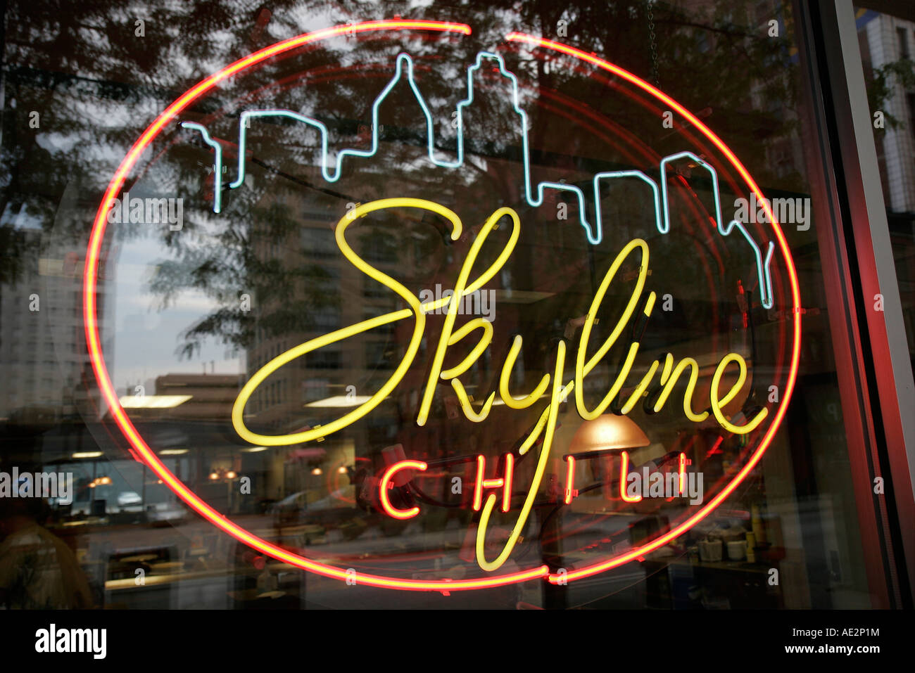 Cincinnati Ohio, Skyline Chili, cartello al neon, finestra, ristorante ristoranti, cibo, caffè, cibo, OH070726060 Foto Stock