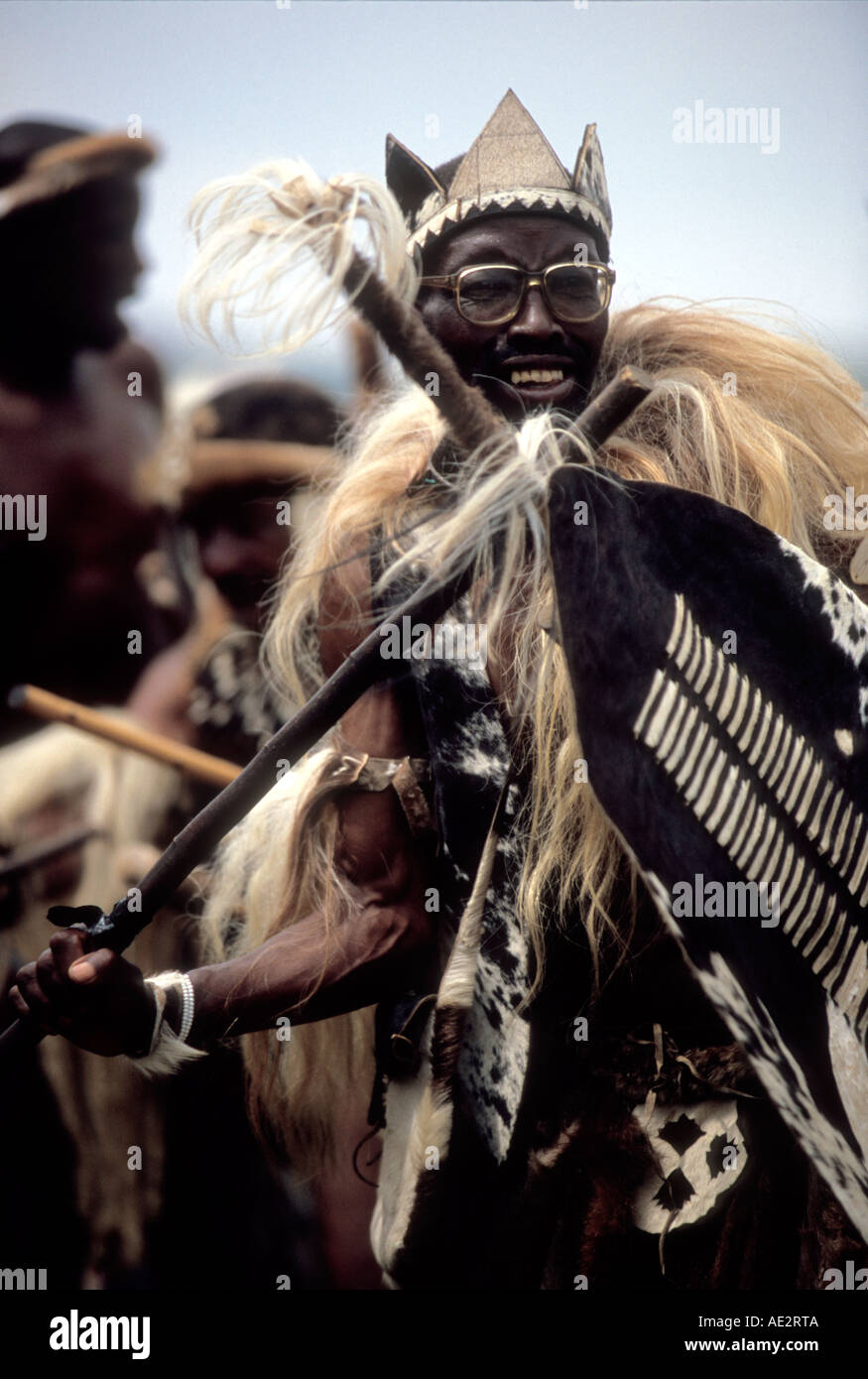 Sud Africa Kwa Zulu Natal rievocazione storica della Battaglia di Isandlwana. Zulu induna Foto Stock