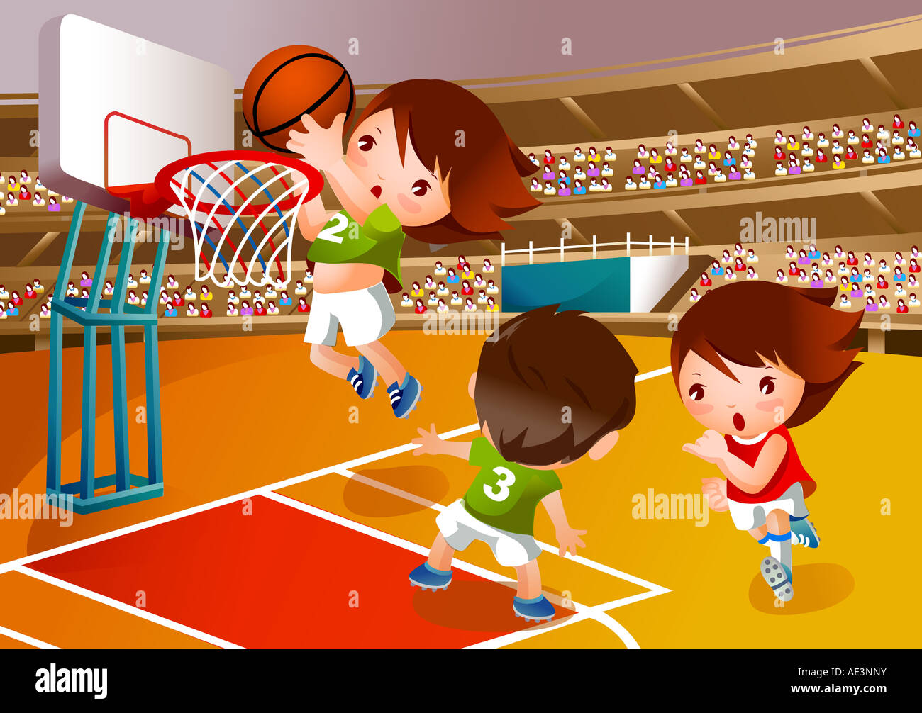 Due ragazze e un ragazzo giocando a basket in stadio Foto Stock