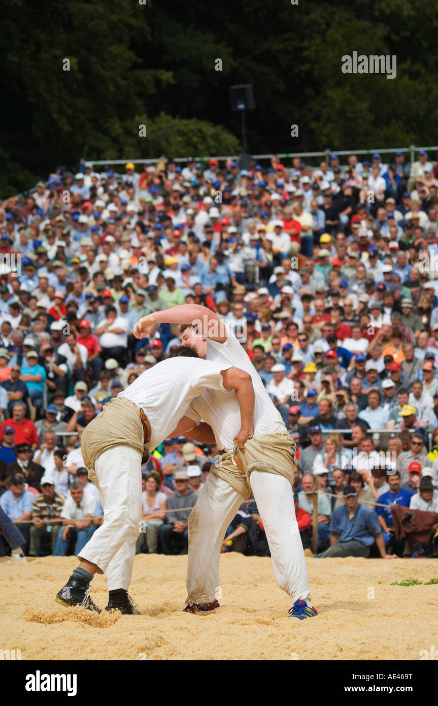 Alpine concorso di wrestling, Unspunnen festival del Bicentenario, Interlaken, regione di Jungfrau, Svizzera, Europa Foto Stock
