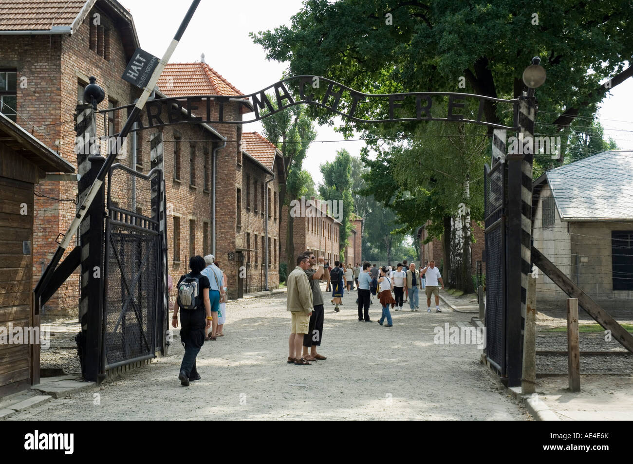 Porta di ingresso con segno Arbeit macht frei, campo di concentramento di Auschwitz, Sito Patrimonio Mondiale dell'UNESCO, Oswiecim, vicino a Cracovia in Polonia Foto Stock