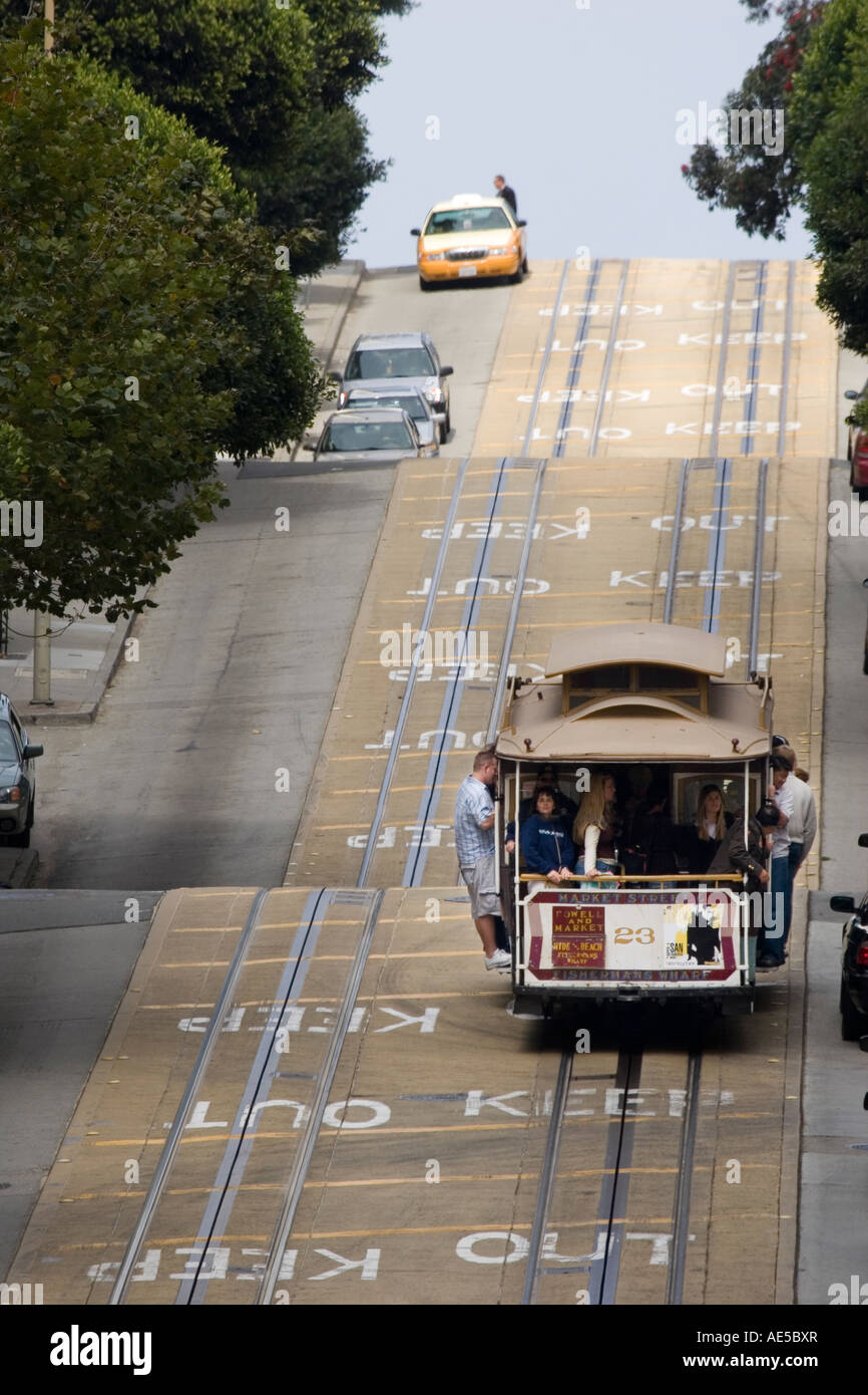 Macchina di cavo riempito con i turisti in vacanza facendo strada lungo un ripido tratto di Powell Street di San Francisco in California Foto Stock