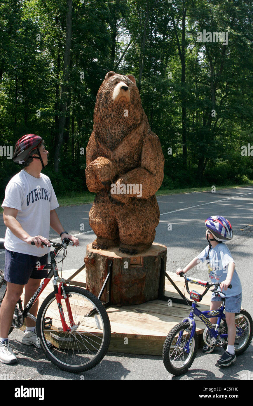 Chesapeake Virginia, Dismal Swamp Canal Trail, orso, scultura in legno, ragazzo ragazzi papà ragazzo ragazzo ragazzo ragazzi bambini bambini bambini bambino, padre papà, genitori, bicicletta, bicycl Foto Stock