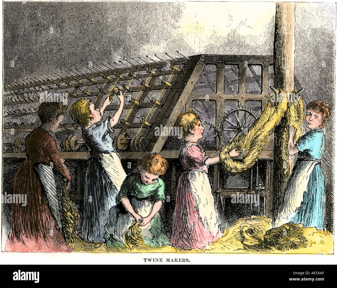 I bambini lavorando in una fabbrica di spago, New York City 1870s. Colorate a mano la xilografia Foto Stock
