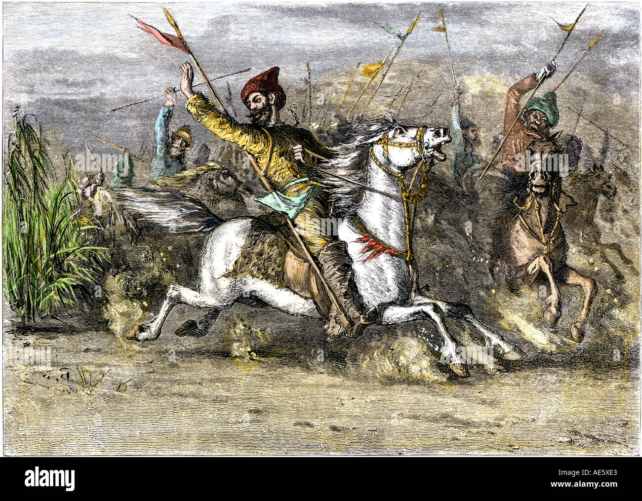Gengis Khan portando la conquista mongola della Cina. Colorate a mano la xilografia Foto Stock