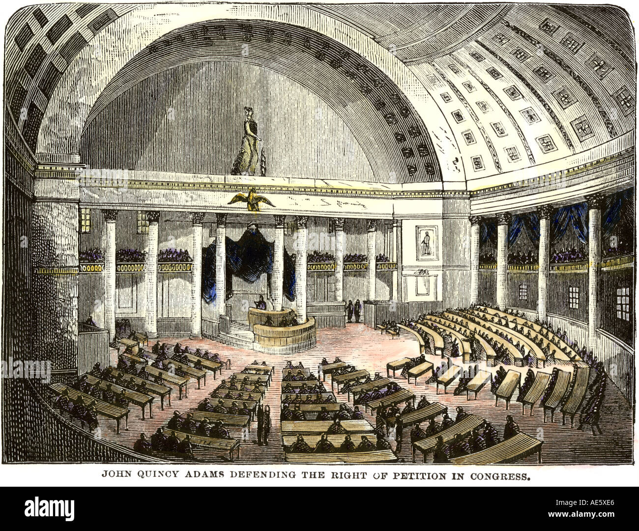 John Quincy Adams a difendere il diritto di petizione dinanzi al Congresso. Colorate a mano la xilografia Foto Stock