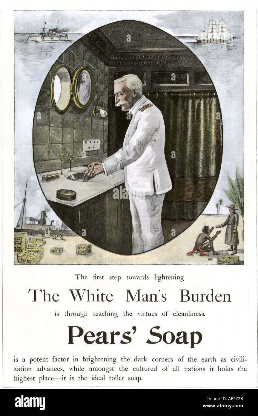 Bianco Uomo onere è quello di insegnare la pulizia descritta in un sapone di pere annuncio 1890s. Colorate a mano Foto Stock