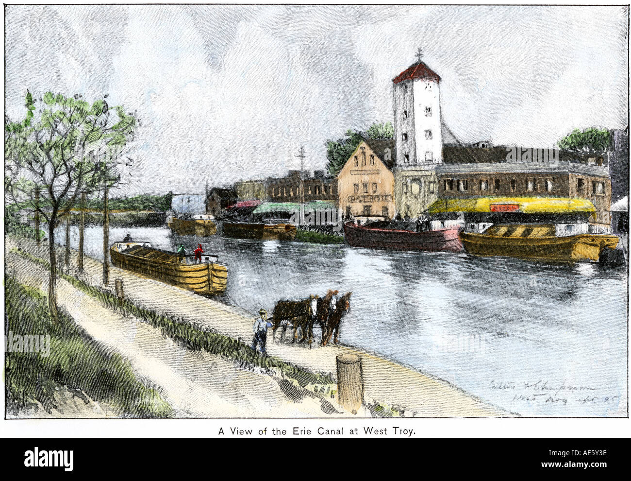 Canale Erie a West Troy New York 1800s. Colorate a mano di mezzitoni una illustrazione Foto Stock