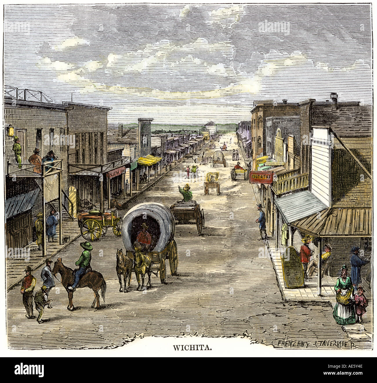 Strada principale di Wichita Kansas 1870s. Colorate a mano la xilografia Foto Stock