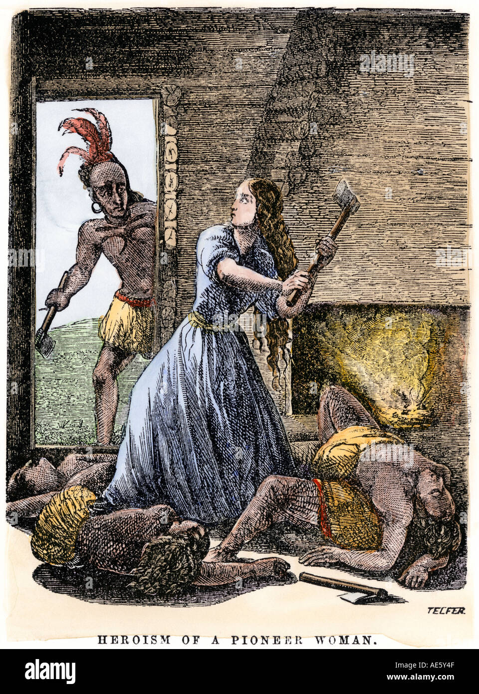 La moglie del John Merrill difende la sua Kentucky home contro i nativi americani 1791. Colorate a mano la xilografia Foto Stock