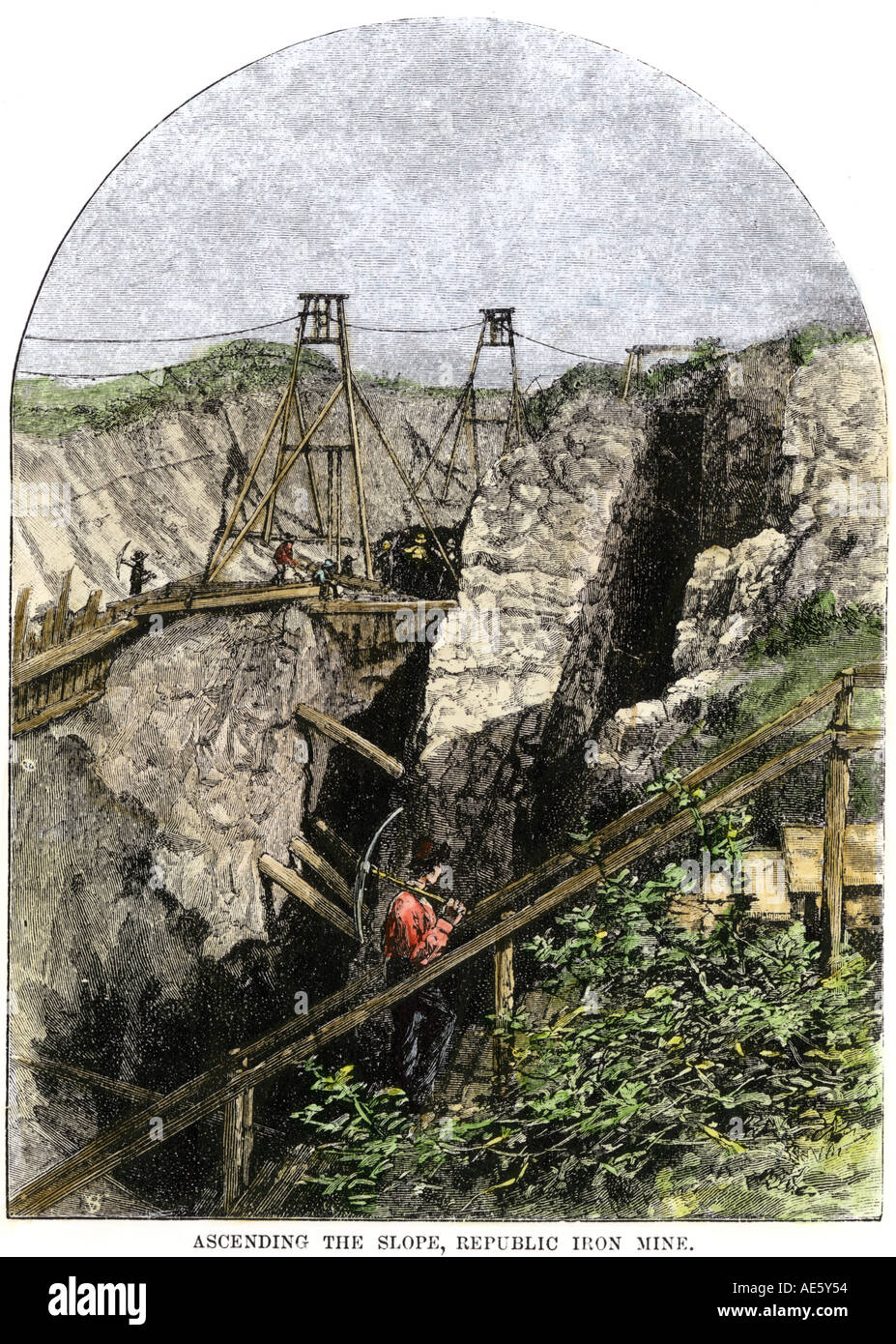 Repubblica miniera di ferro in Michigan superiore con il minatore ascendente la pendenza di circa 1880. Colorate a mano la xilografia Foto Stock