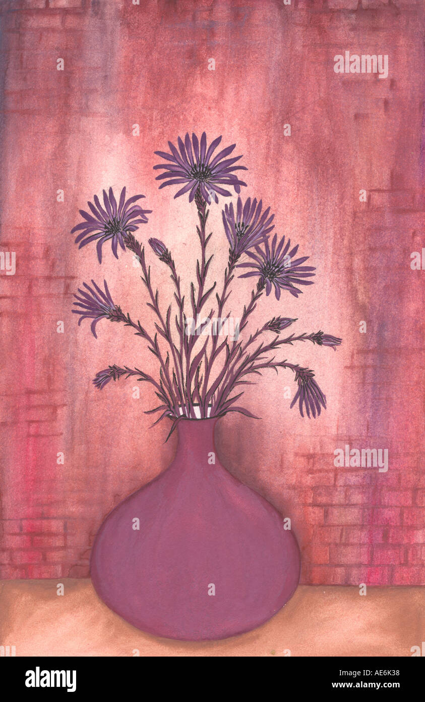 ARS71028 Pittura illustrazione di colore violetto porpora fiori in un vaso pot India Foto Stock