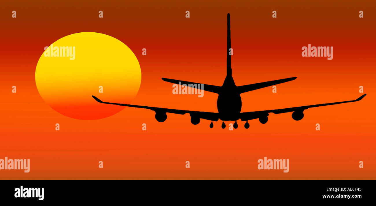 RHS70960 concettuale di immagini digitali che mostra aereo con Sun e di colore rosso cloud Foto Stock
