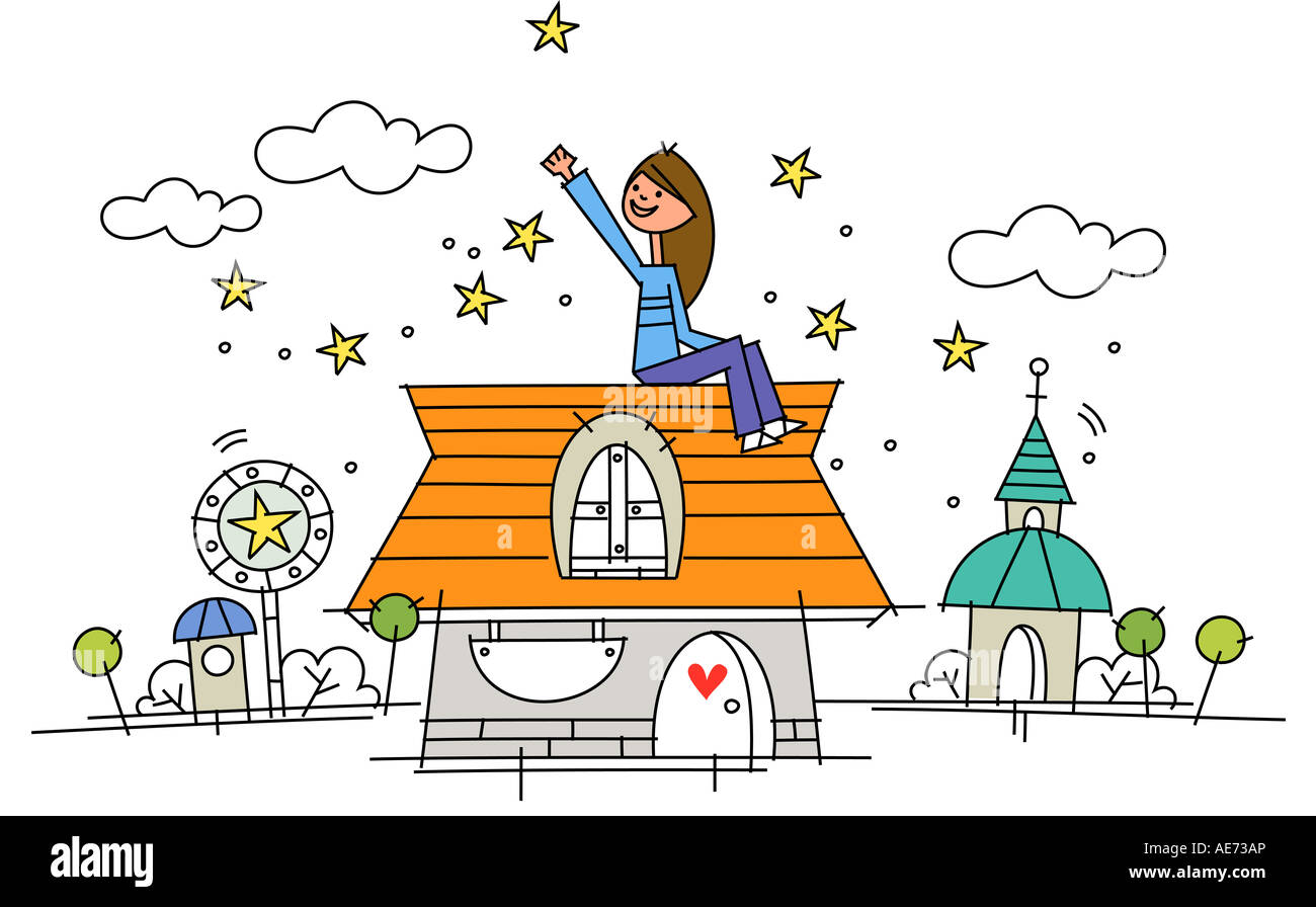 Donna seduta sul tetto di una casa con la sua mano alzata Foto Stock