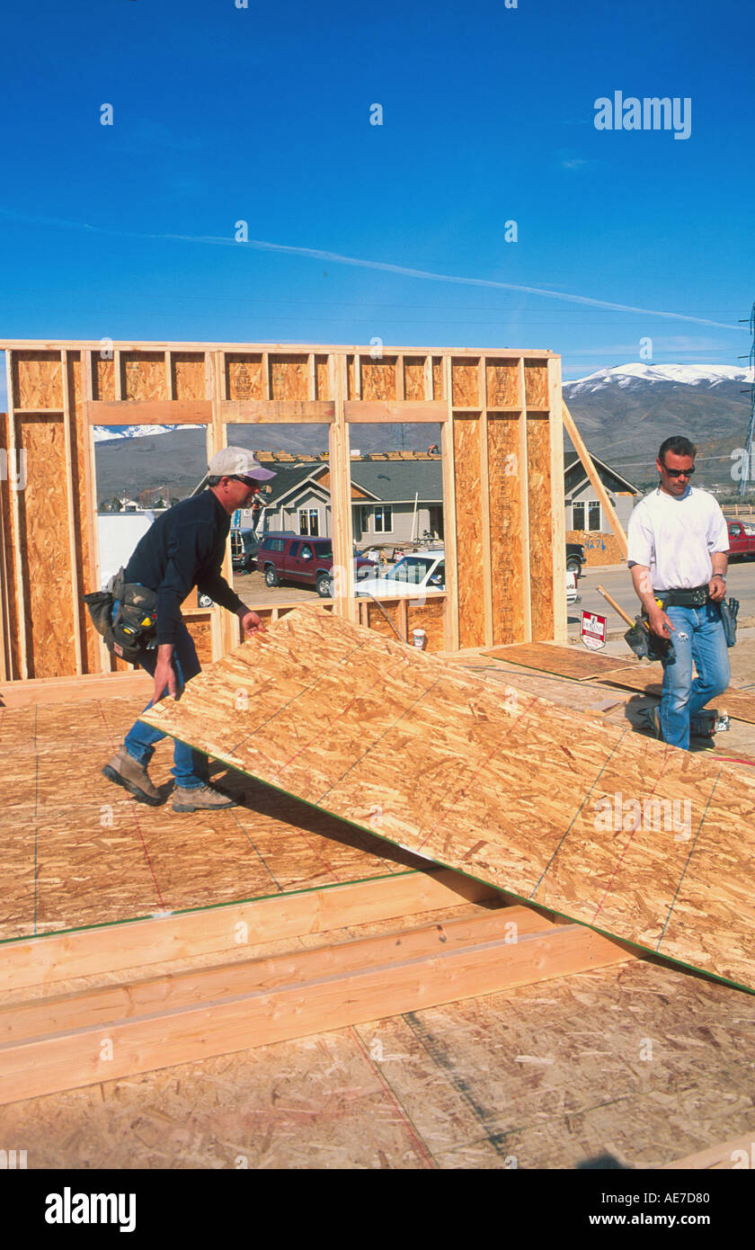 Falegnami utilizzando progettato di pannelli di legno a Boise Idaho Foto Stock