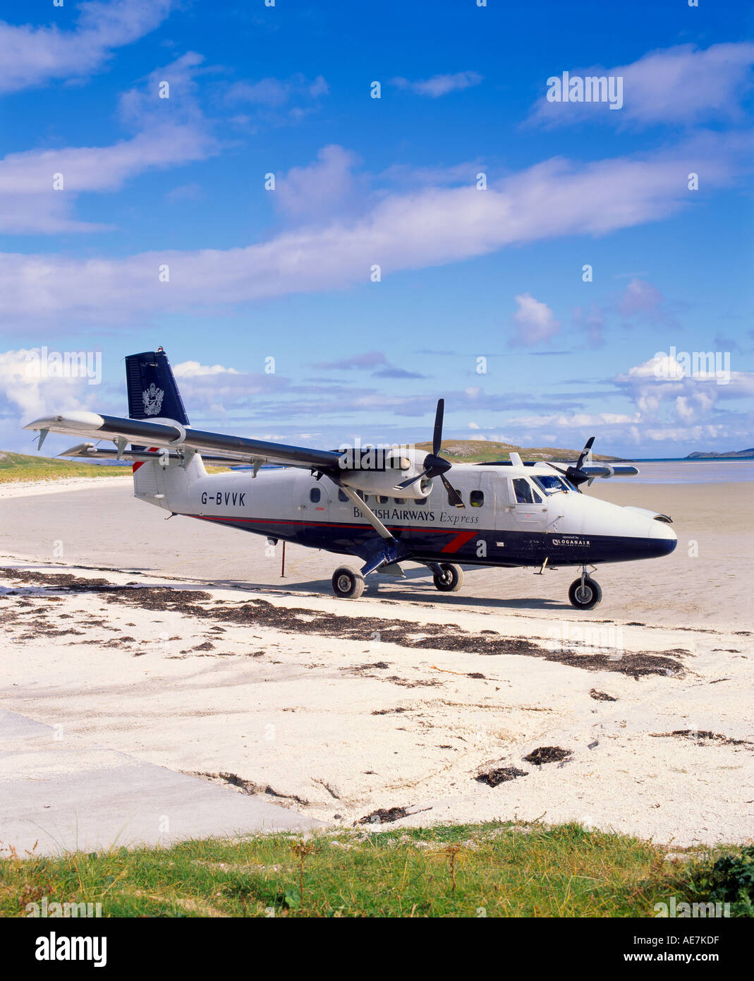 Barra aerodromo su Traigh Mhor beach, Isle of Barra, Western Isles, Scotland, Regno Unito Foto Stock