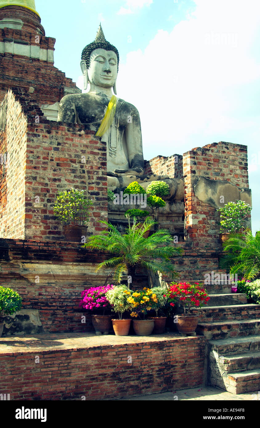 Wat Yai Chai Mongkol con filari di statue di Buddha di grandi e piccoli in un attraente impostazione archeologico in Ayutthaya, Thailandia. Foto Stock