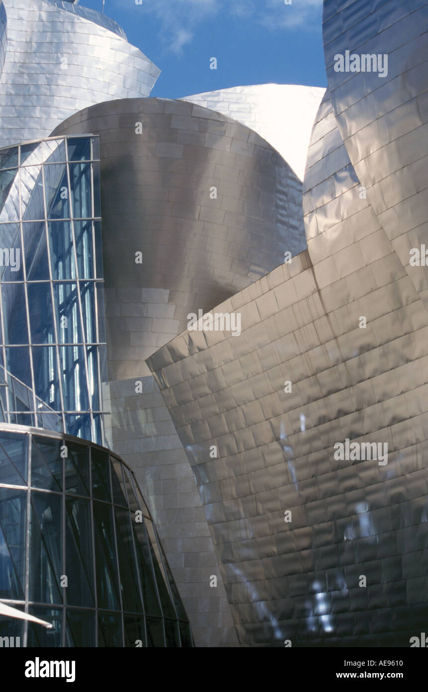 Guggenheim Museum di arte moderna progettato in titanio da architetto americano Frank Gehry a Bilbao Spagna Foto Stock