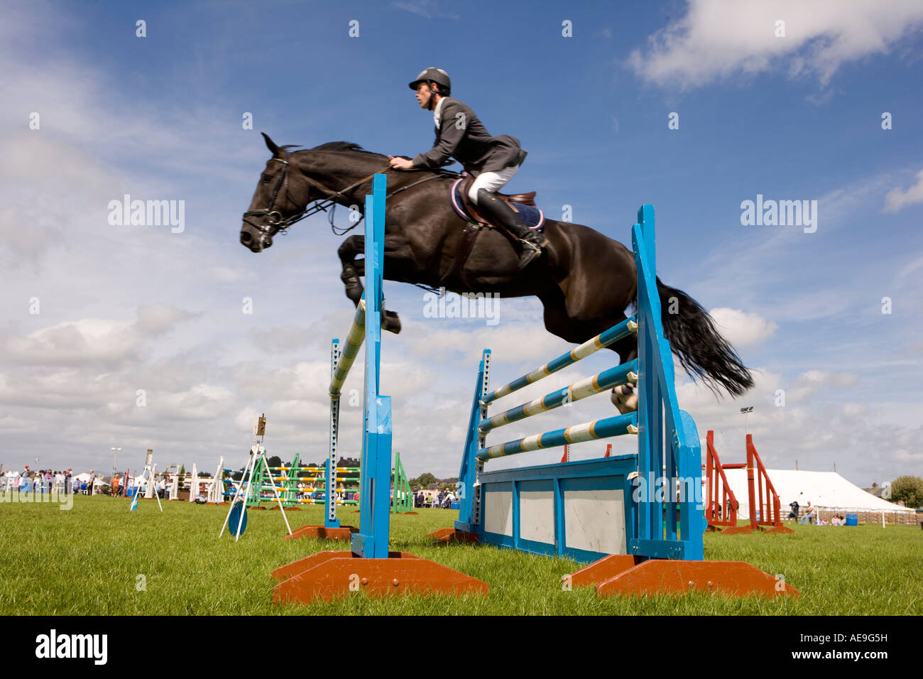 Lo sport equestre piloti horse show jumping concorso ippico su salti a Dumfries Agricultural Show Scotland Regno Unito Foto Stock